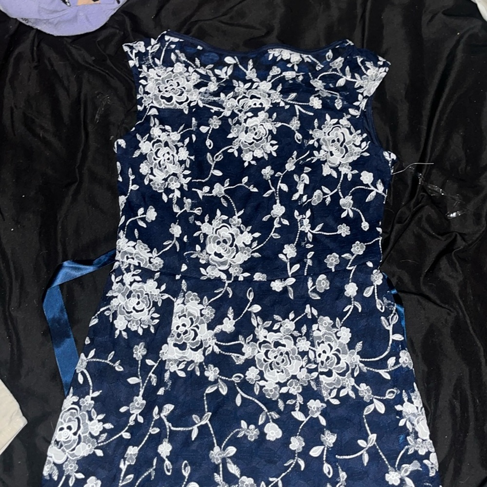 Blue dress with white flowers. Size S, worn once to a dance